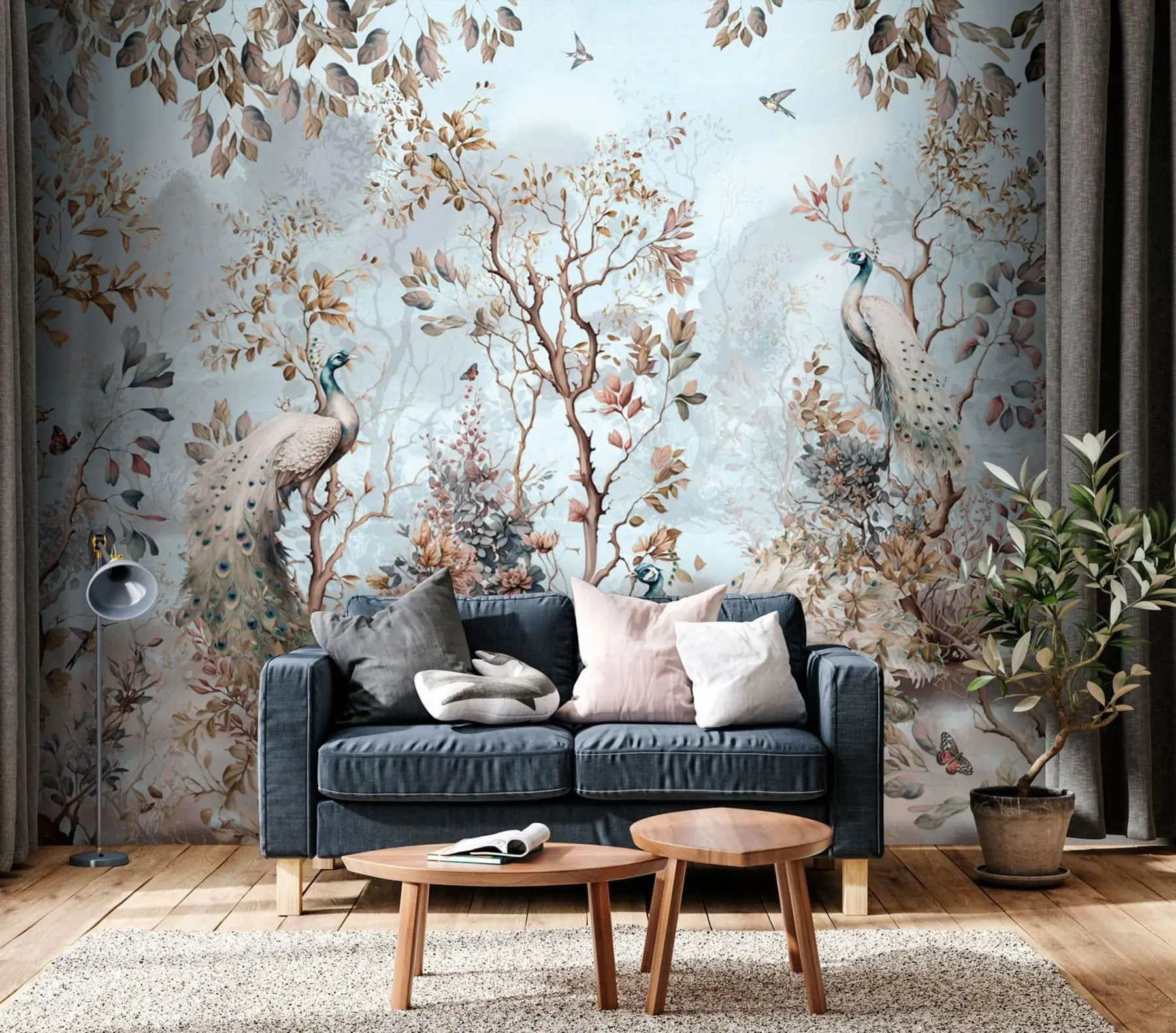murales de pared Chinoiserie estilo chino plantas y pavos reales u94849
