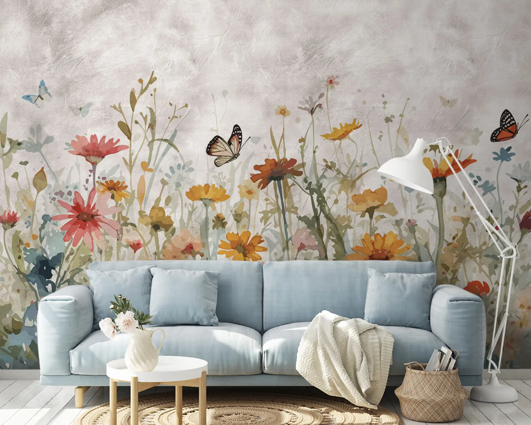 murales de pared Acuarela flores silvestres y mariposas u95406