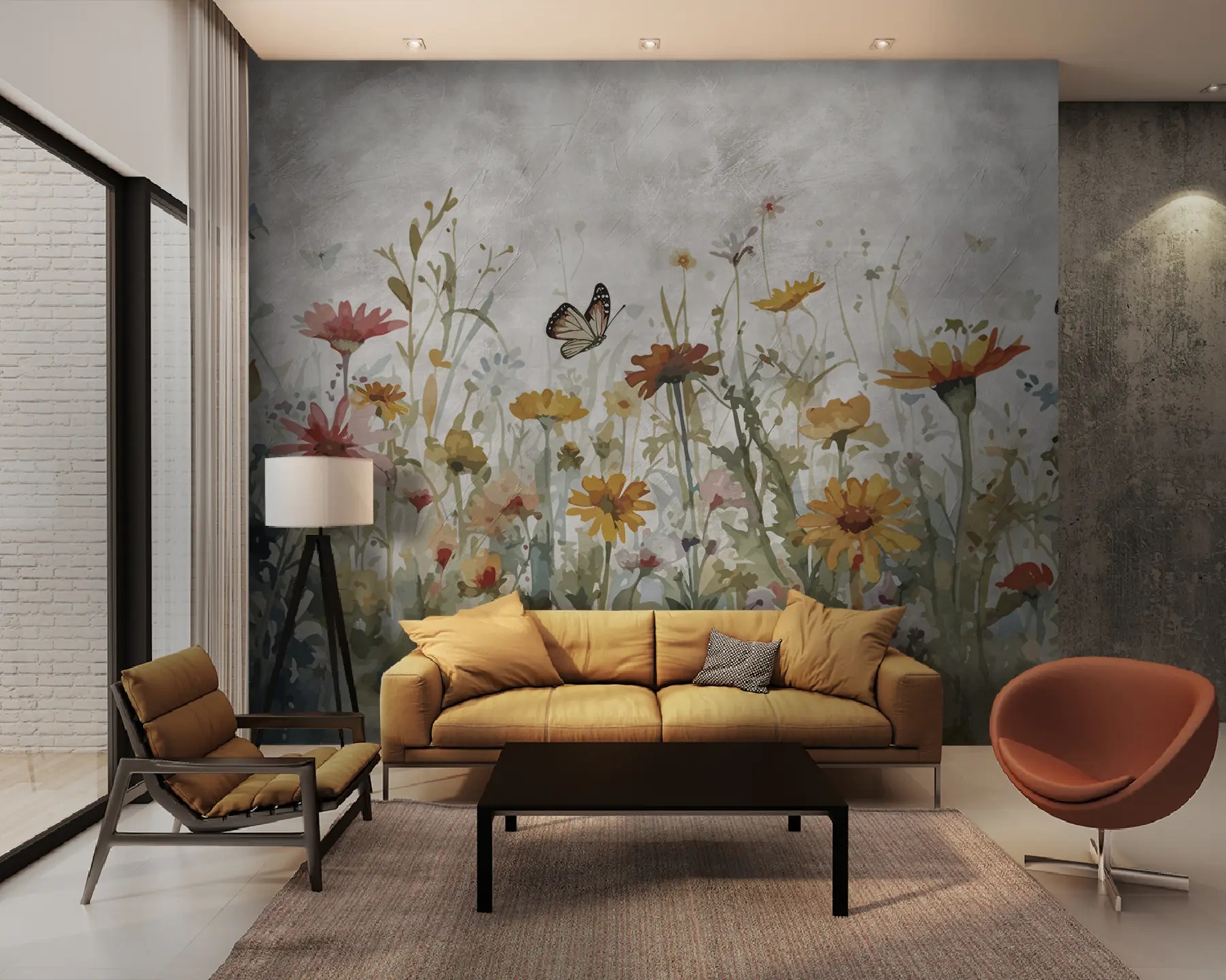 murales de pared Acuarela flores silvestres y mariposas u95406