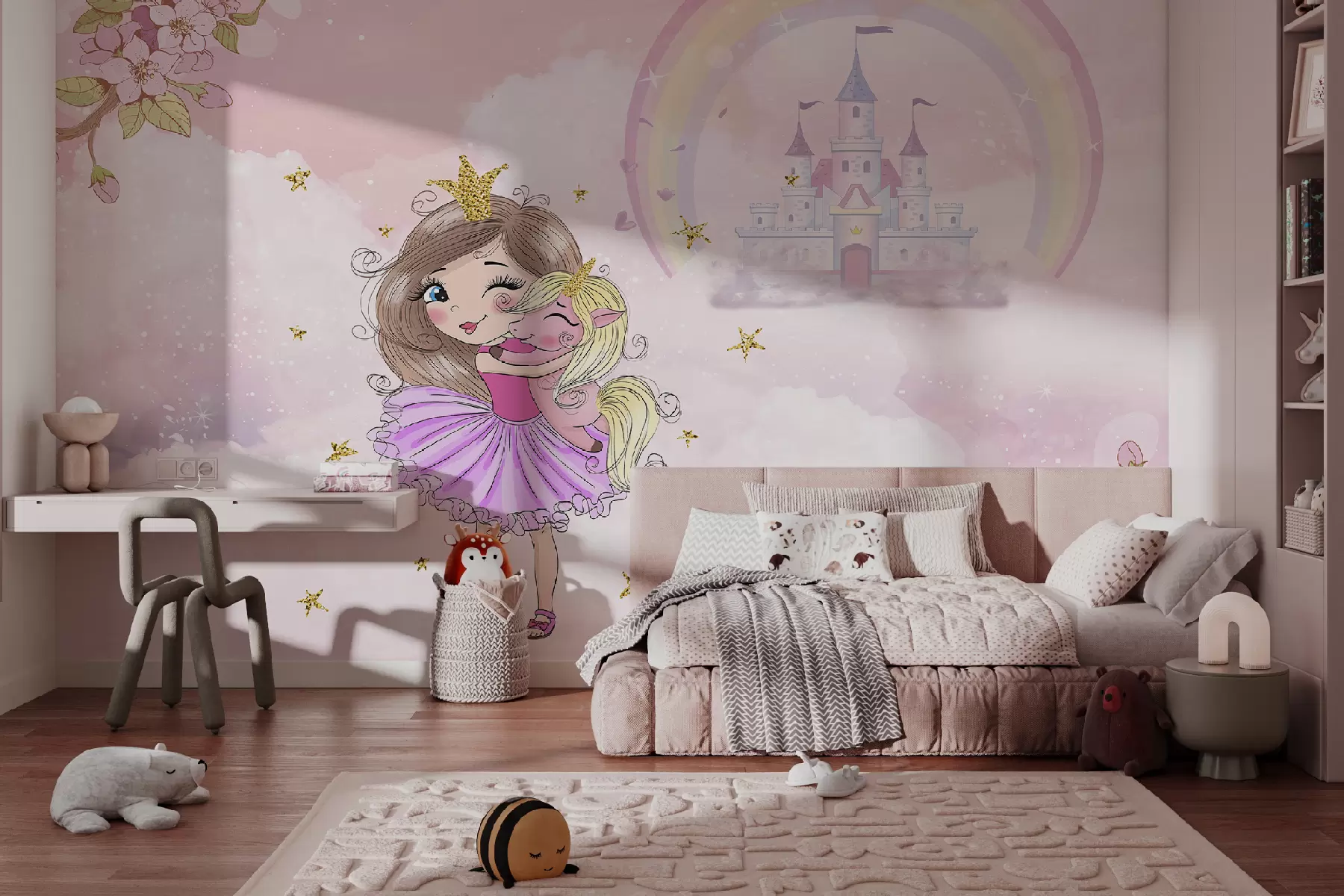 murales de pared Princesa y unicornio en el fondo del castillo con un arco iris. u95401