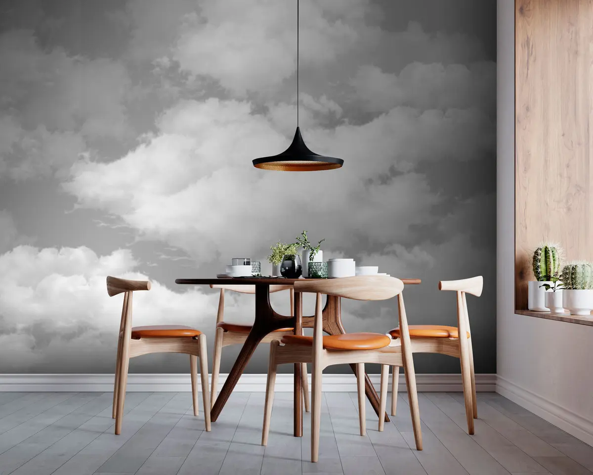 murales de pared Las nubes blancas sobre un cielo gris son una nueva tendencia en el interior. u94178