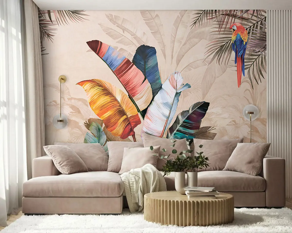murales de pared Hojas de palma coloridas con pájaro loro tropical u95050