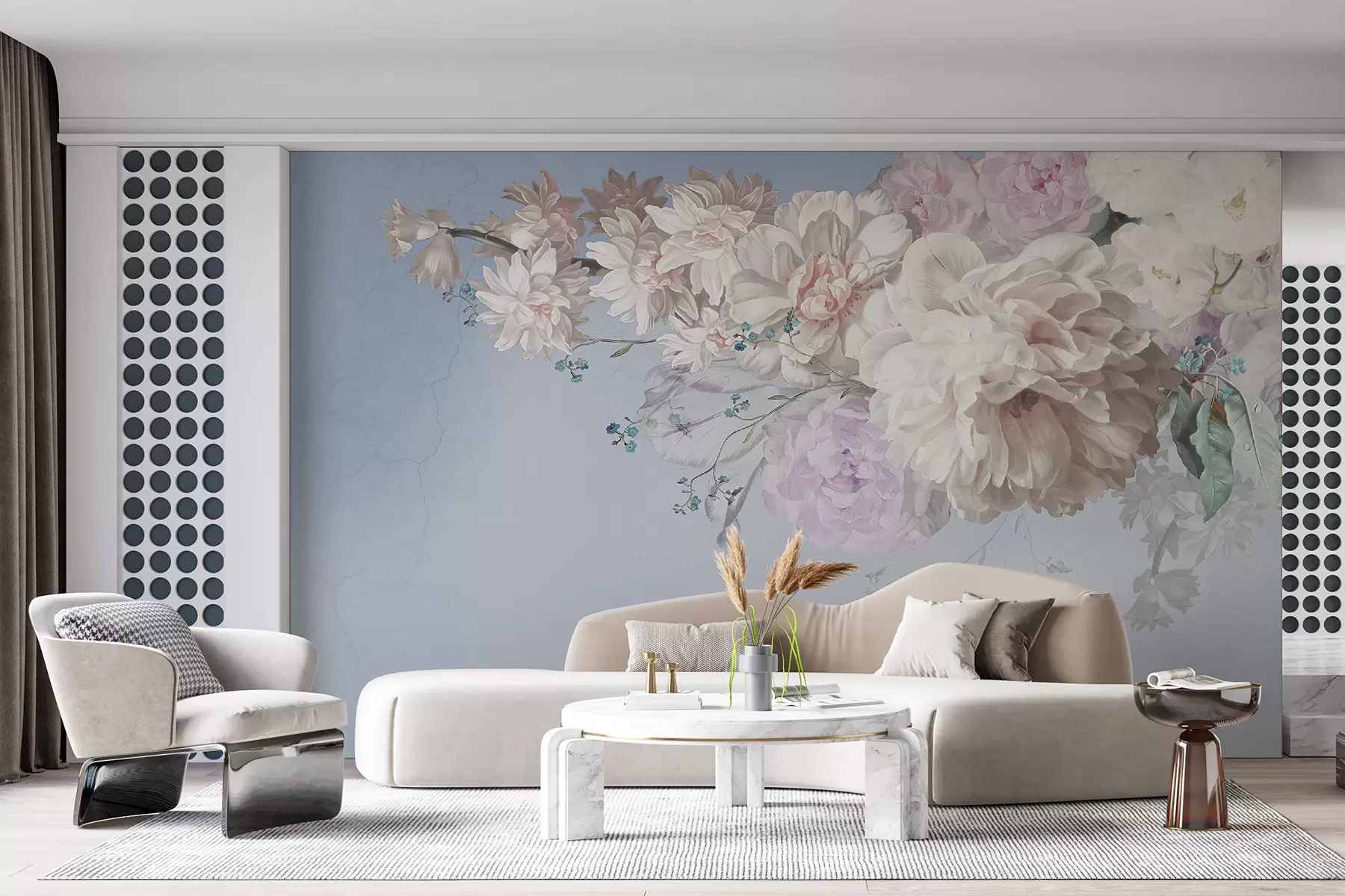 murales de pared Grandes flores exuberantes, peonías blancas sobre un fondo azul. u95437