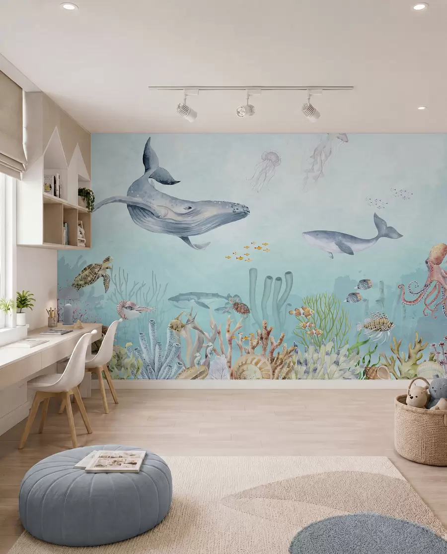 murales de pared Universo marino, grandes ballenas, peces y tortugas u95446