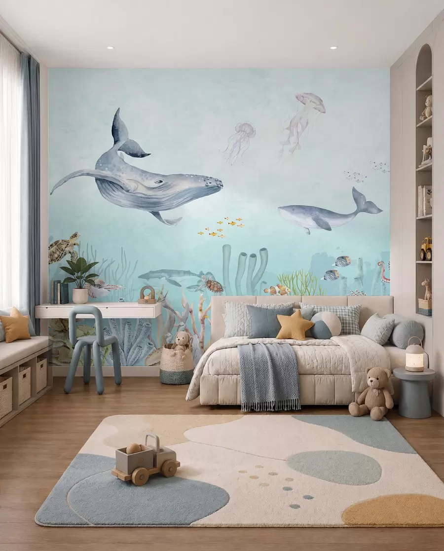 murales de pared Universo marino, grandes ballenas, peces y tortugas u95446
