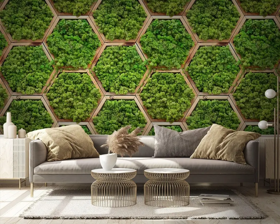 murales de pared Módulos de flores de musgo en marcos de madera hexagonales u95502