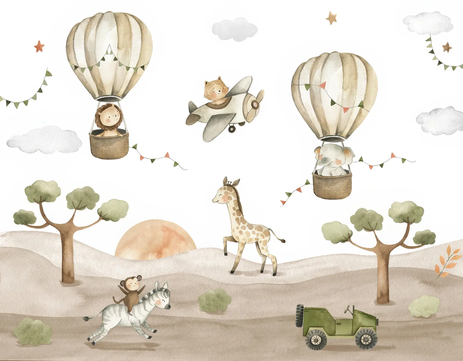 murales de pared Dibujo de acuarela con animales, globos, avión y coche u95882