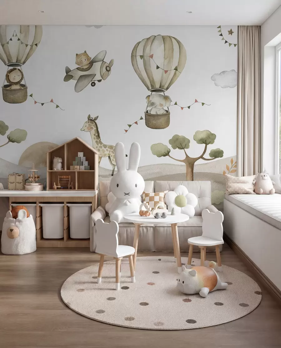 murales de pared Dibujo de acuarela con animales, globos, avión y coche u95882