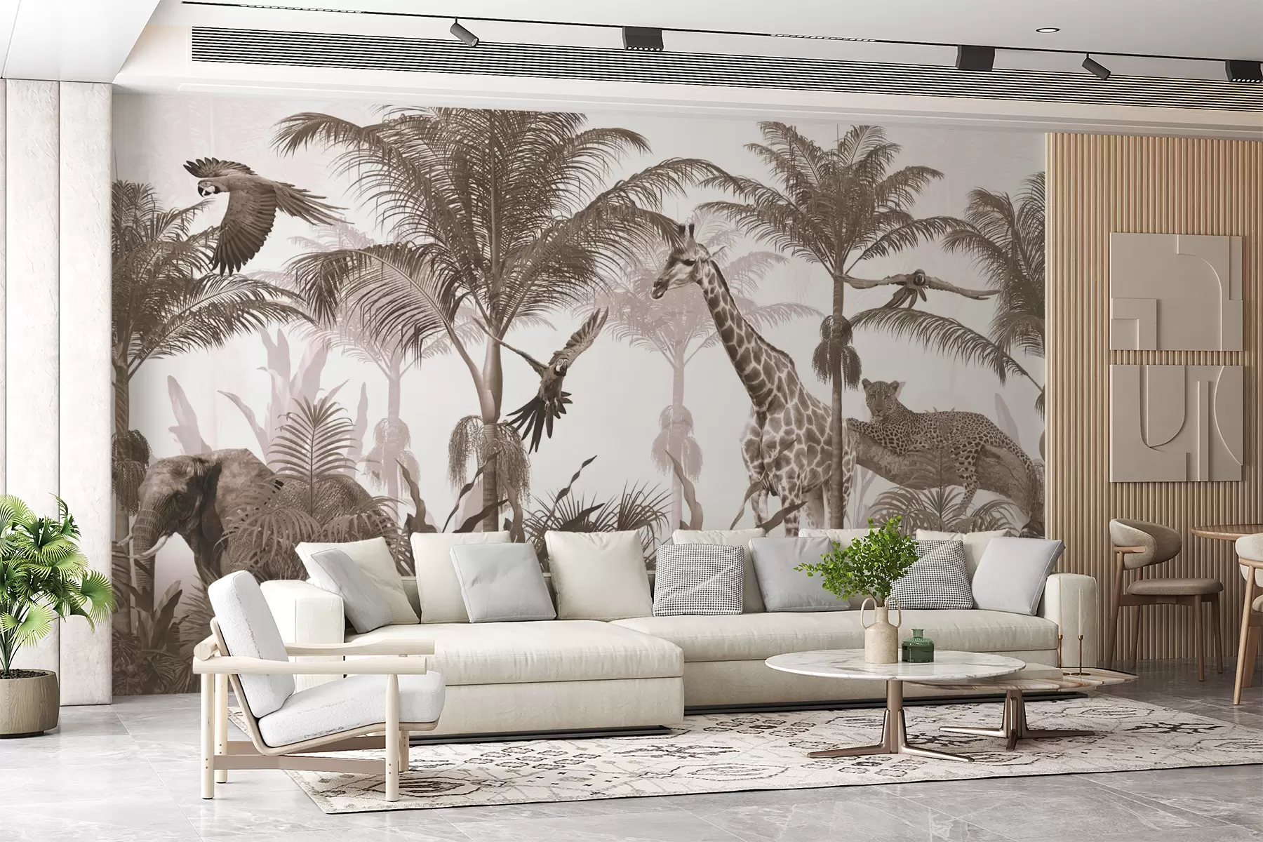 murales de pared Diseño de papel tapiz de árboles tropicales con animales. u95906