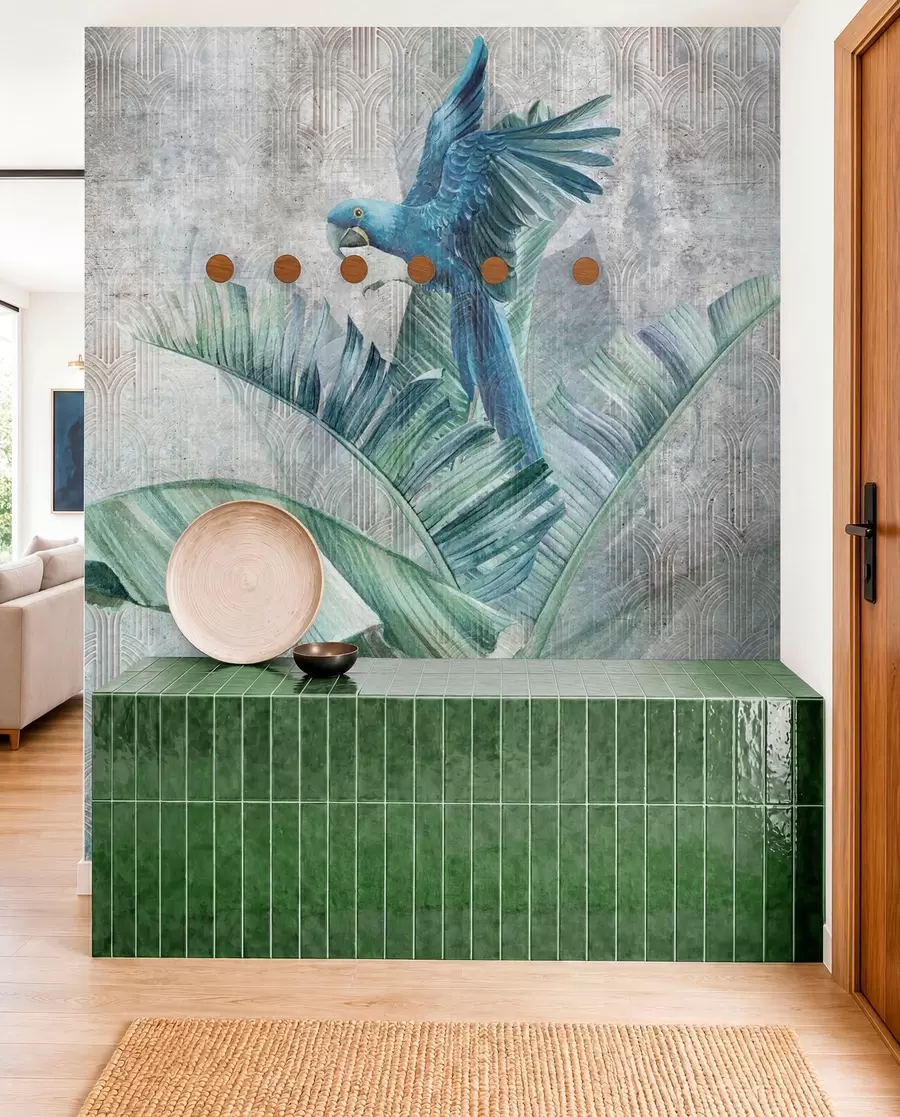 murales de pared Gran loro azul en árbol de plátano con textura de hormigón grunge u95432