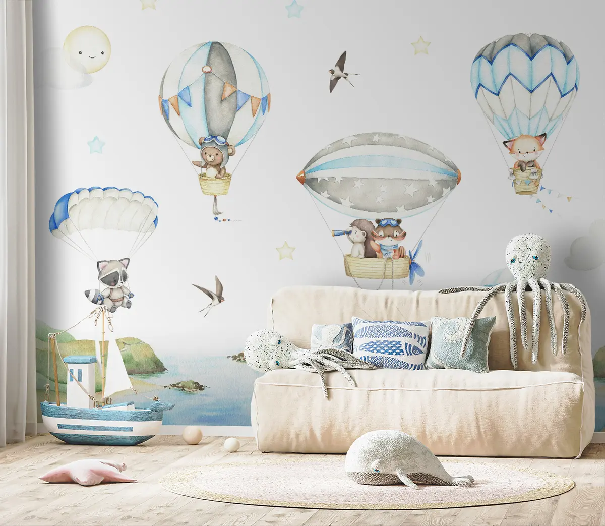 murales de pared Animales con paracaídas y globos u95349