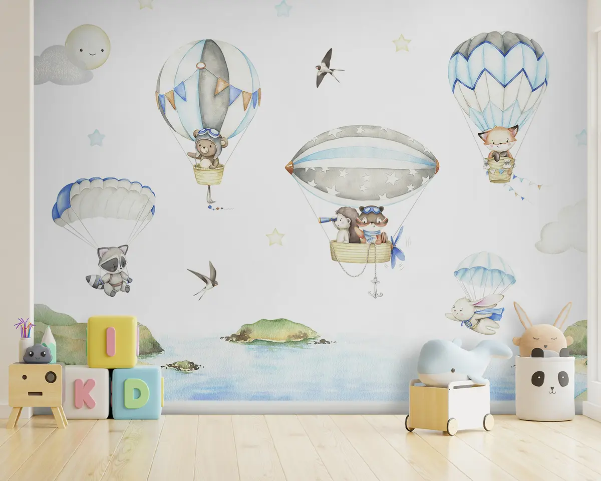 murales de pared Animales con paracaídas y globos u95349
