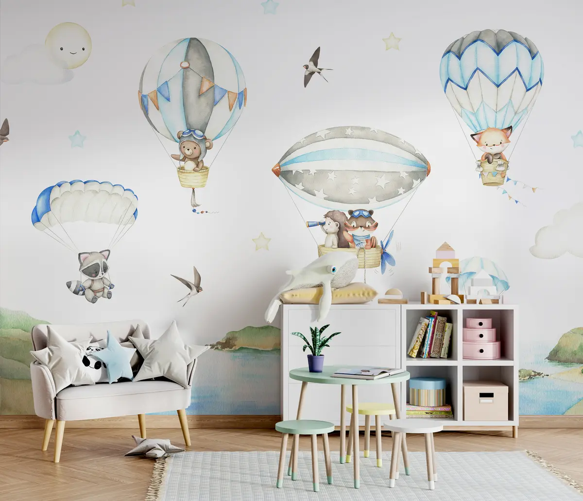 murales de pared Animales con paracaídas y globos u95349