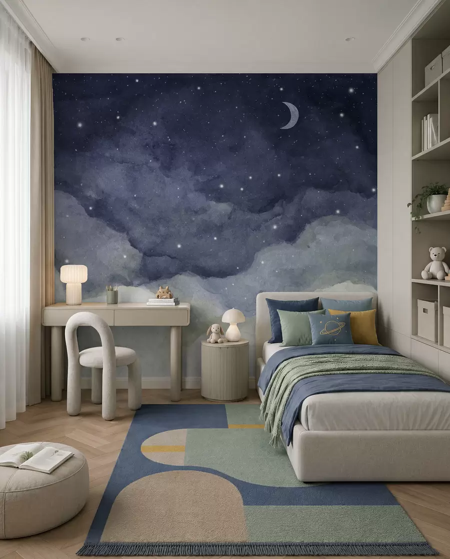 murales de pared Pintura acuarela del cielo nocturno con luna creciente y estrellas brillantes u96076