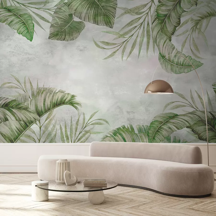 murales de pared Grandes hojas tropicales en una pared de mármol u95261