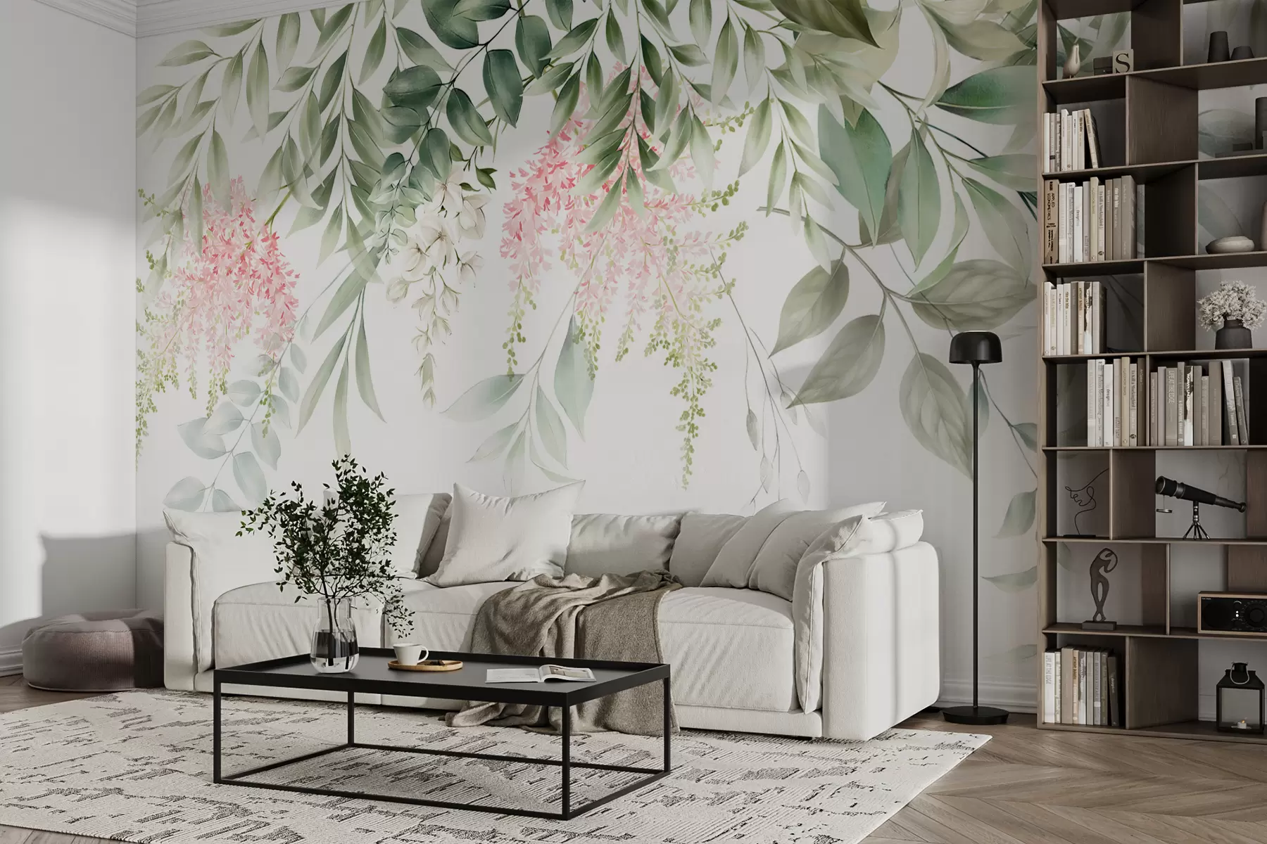 murales de pared Follaje con flores rosas u95923