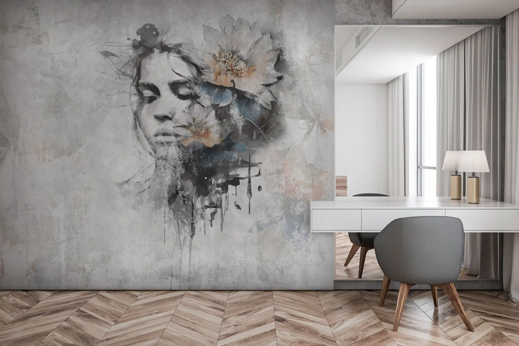 murales de pared silueta, de, un, niña, cara, en, un, pared concreta u96118