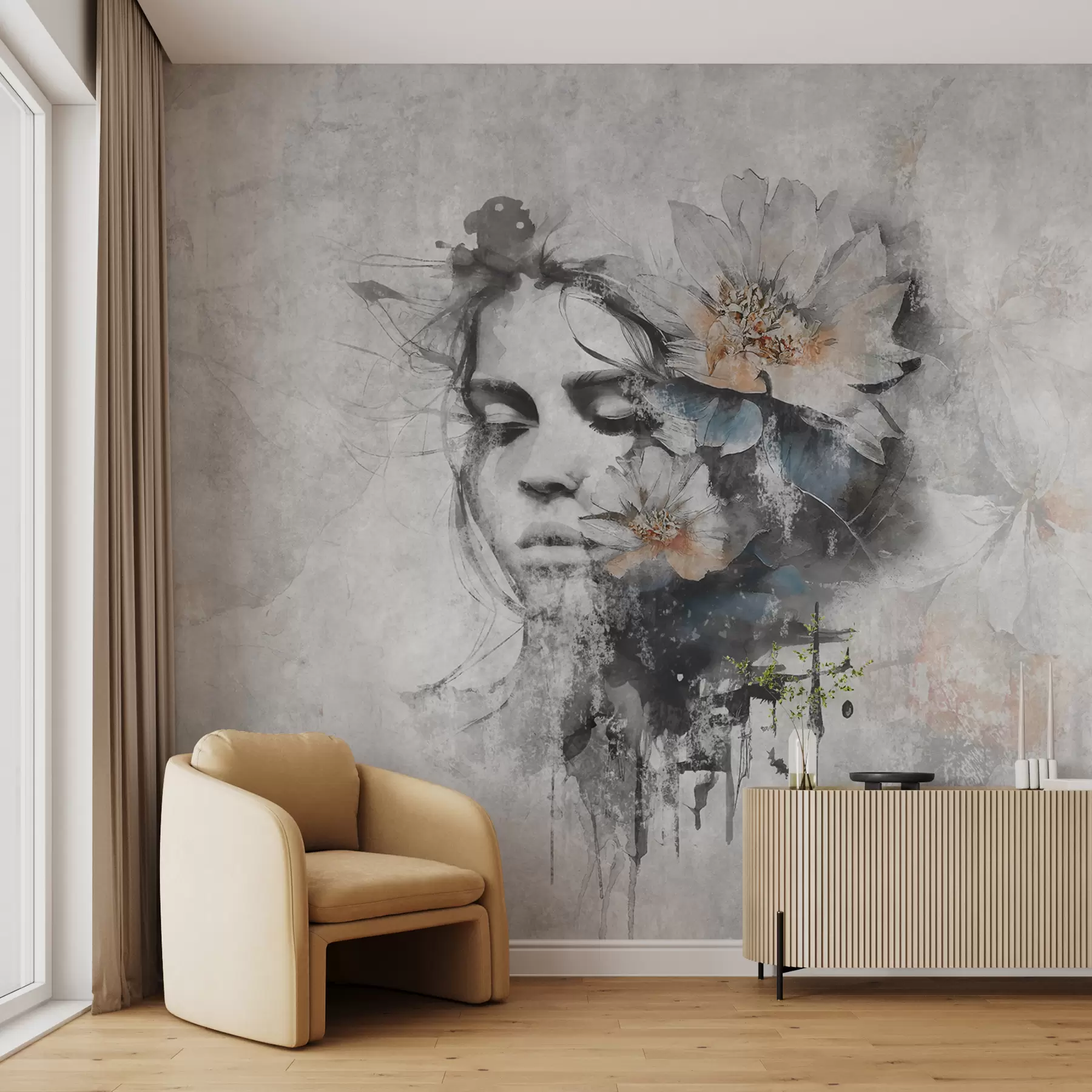 murales de pared silueta, de, un, niña, cara, en, un, pared concreta u96118