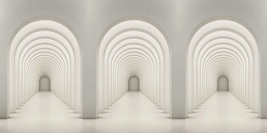 murales de pared Arco de hormigón blanco alineado en una larga fila con luz u96604