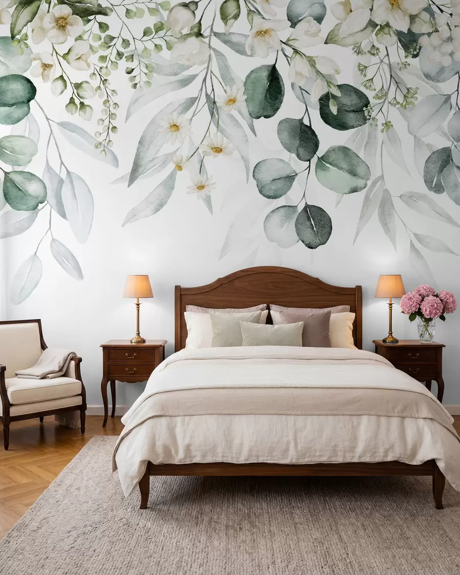 murales de pared Acuarela hojas verdes con flores u96336