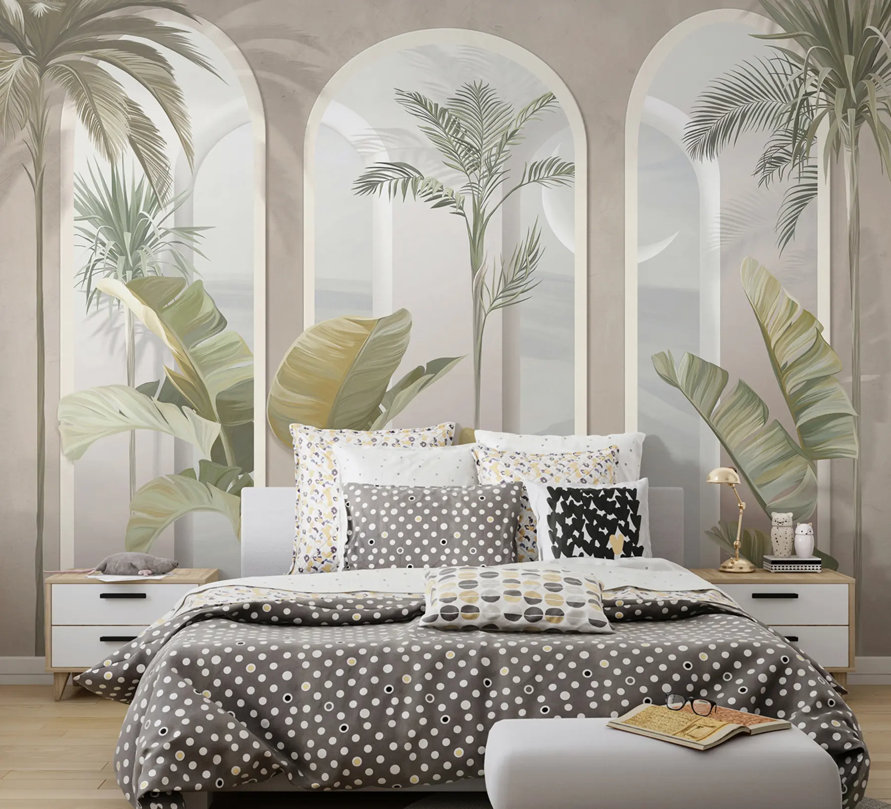 murales de pared Hojas tropicales 3D con palmeras y columnas. u96402