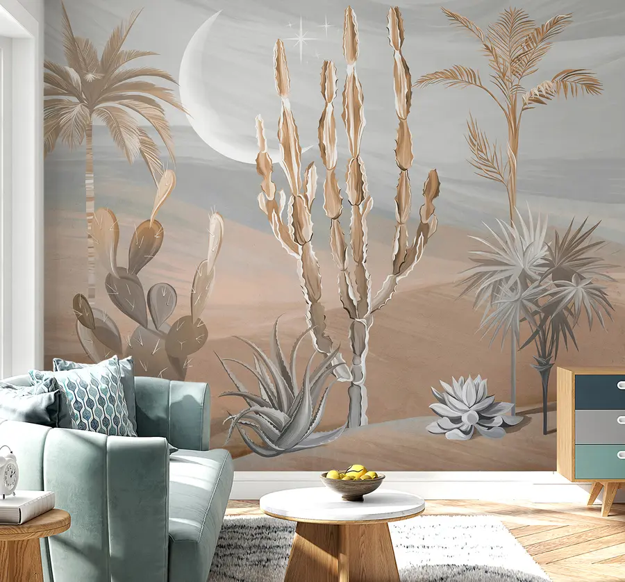 murales de pared Desierto 3D con cactus y hojas tropicales u96444