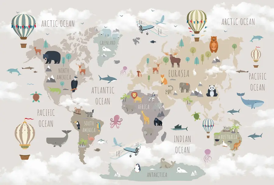murales de pared Mapa mundial con animales y globos u96461