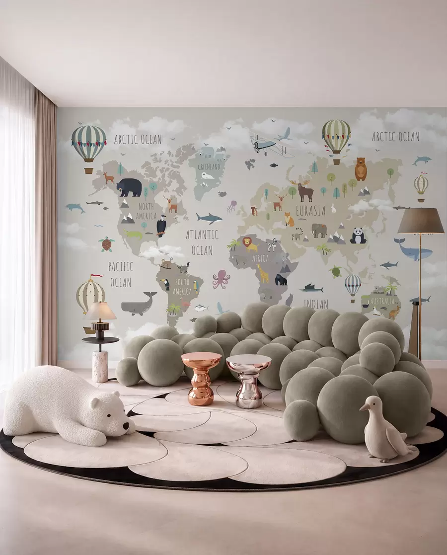murales de pared Mapa mundial con animales y globos u96461