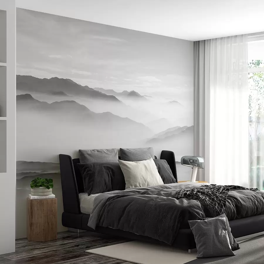 murales de pared Vista de las montañas grises en el monocromo de minimalismo de niebla u96922
