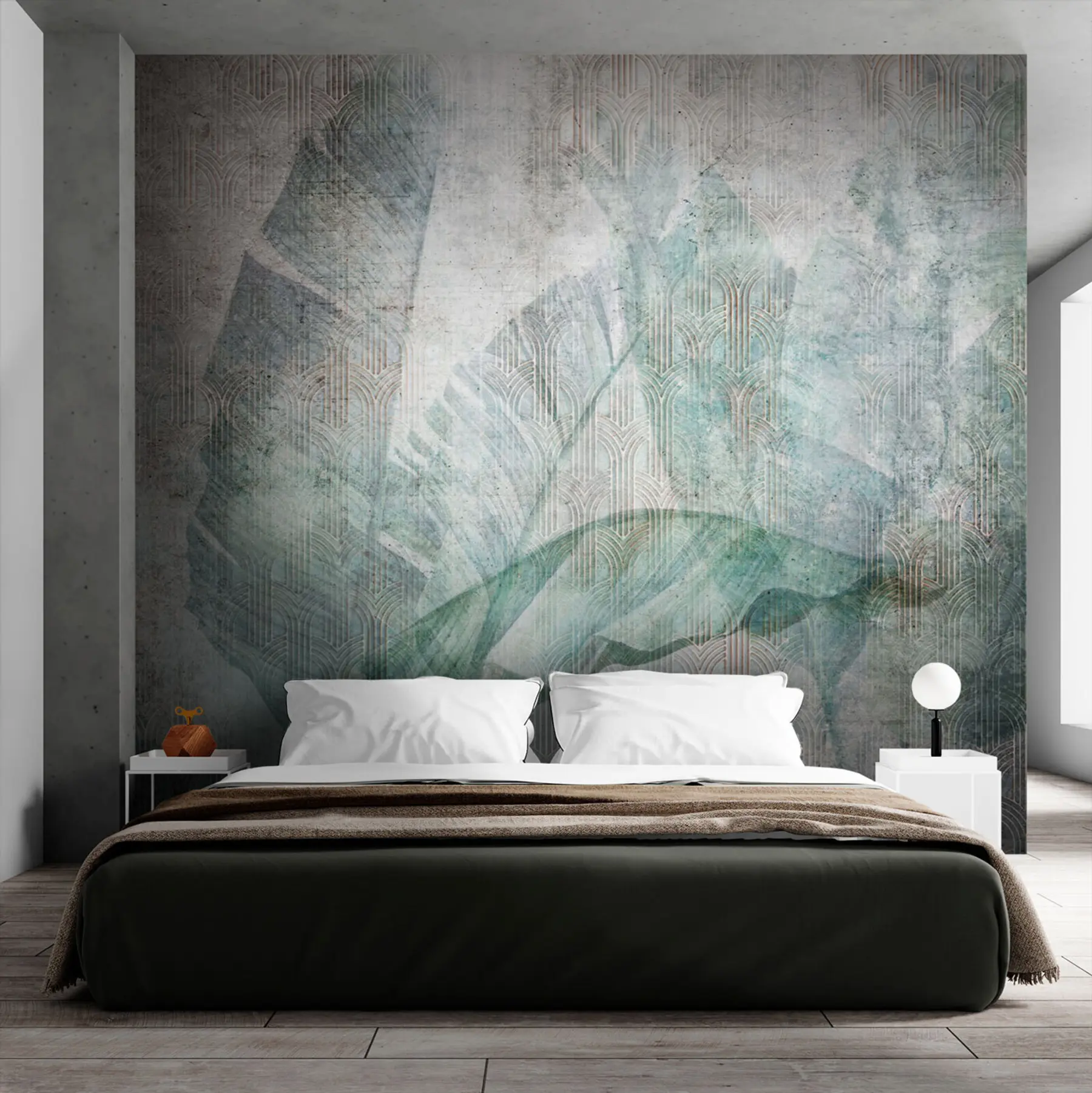 murales de pared Grandes hojas de plátano verde y textura de mármol. u96927