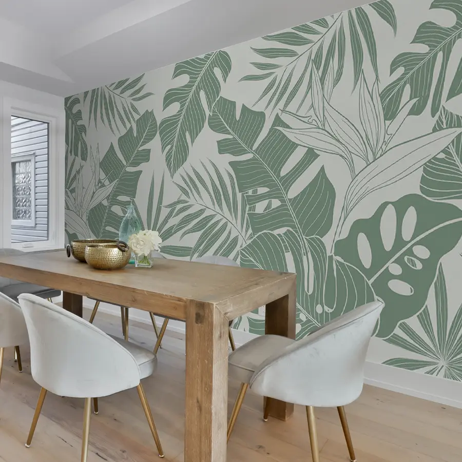 murales de pared Hojas de palma Monstera en un mínimo de verde pálido. u96909