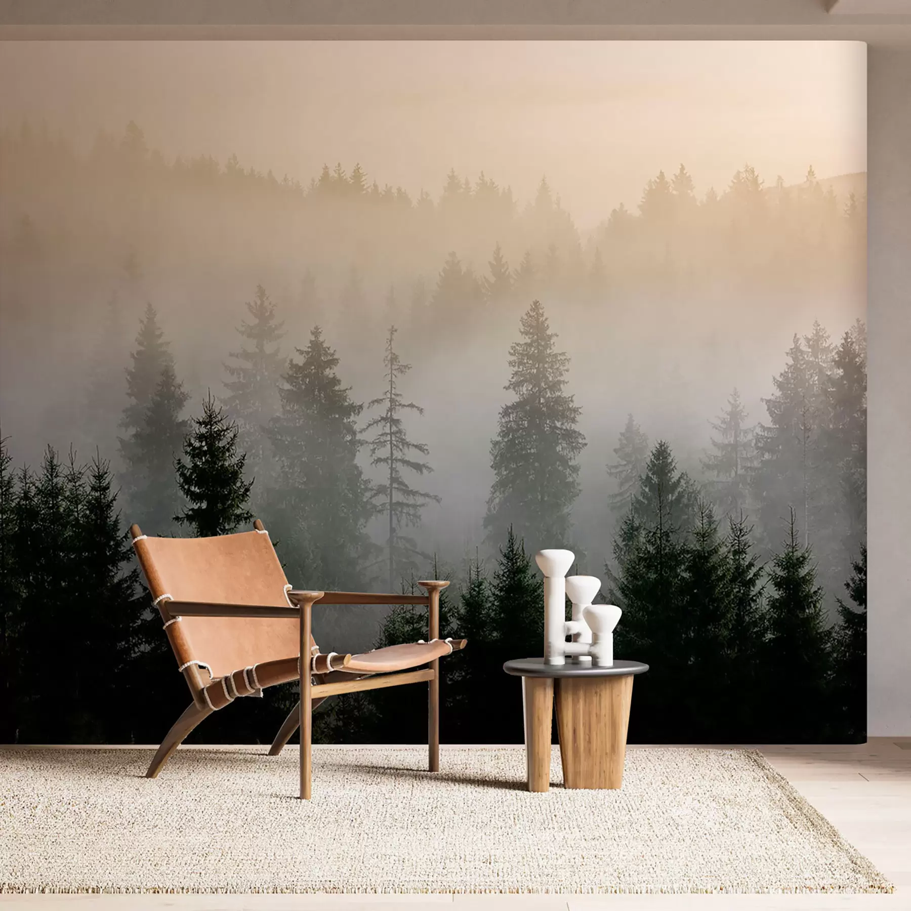 murales de pared Silueta de un abeto oscuro rodeado de niebla u96999