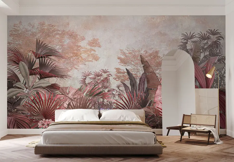 murales de pared Ilustración de papel tapiz tropical vintage con follaje de palmeras exóticas u97104