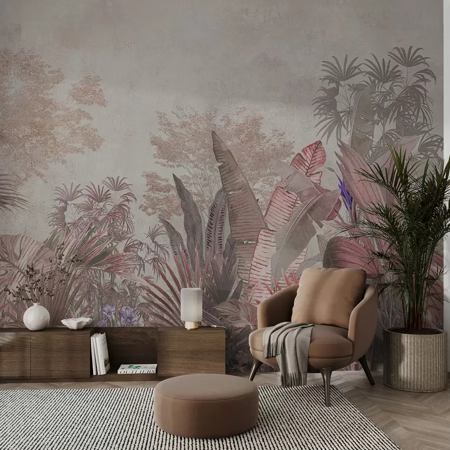 murales de pared Ilustración de papel tapiz tropical vintage con follaje de palmeras exóticas u97104