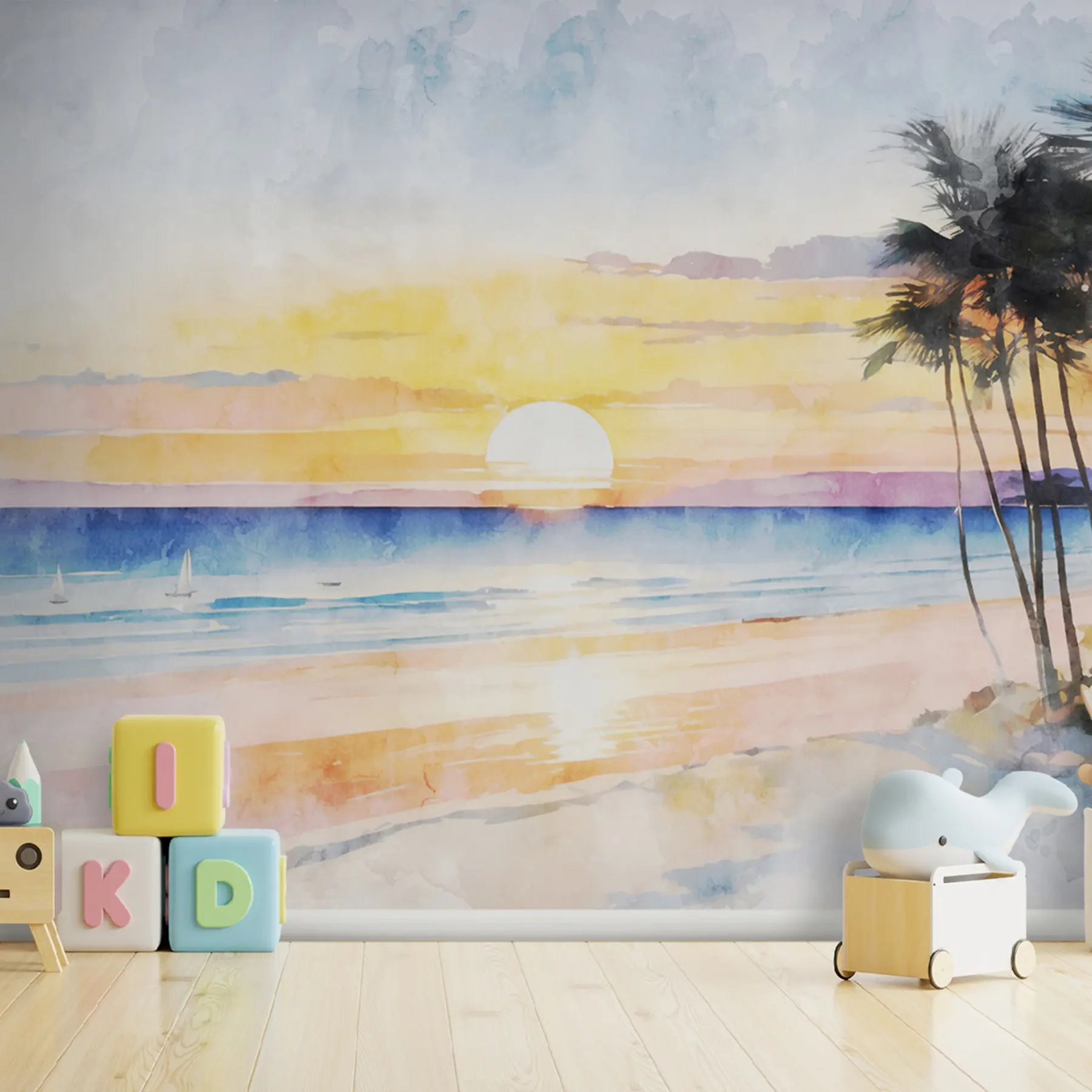 murales de pared Atardecer acuarela en la playa u97297