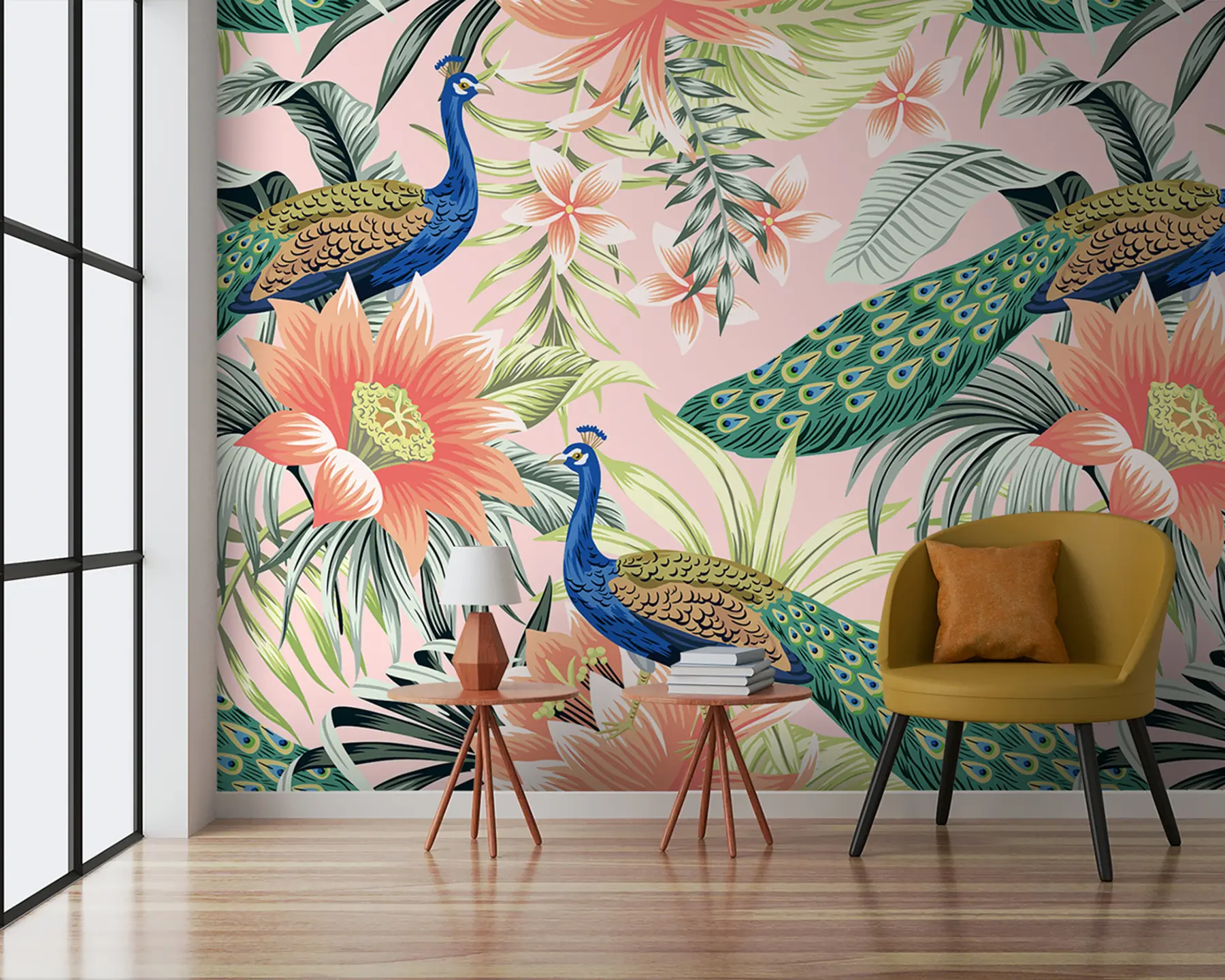 murales de pared Pavo real tropical con flores de loto y hojas de palma. u97122