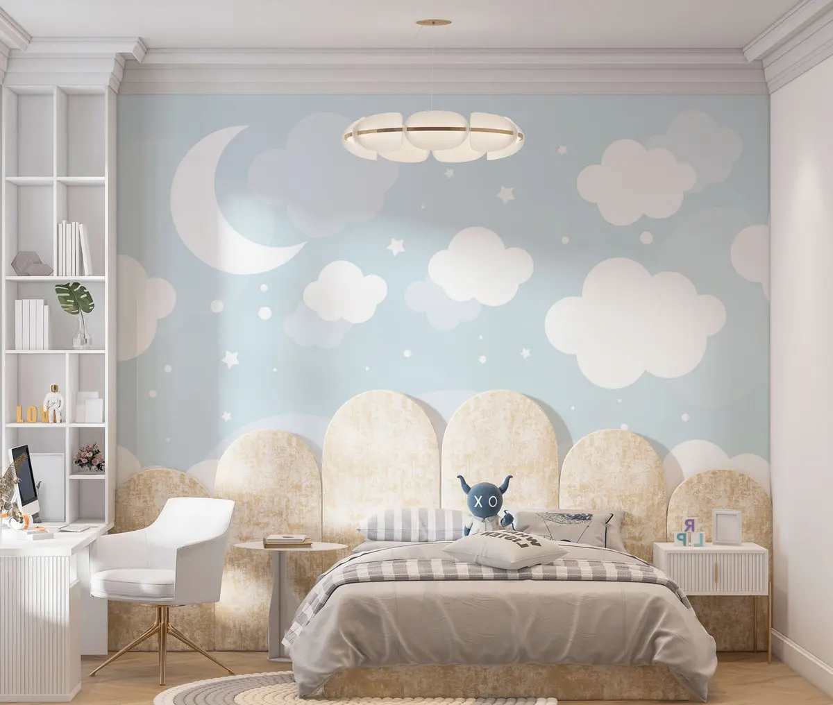 murales de pared Lindo fondo de pantalla con nubes, estrellas y luna sobre un fondo azul u97510