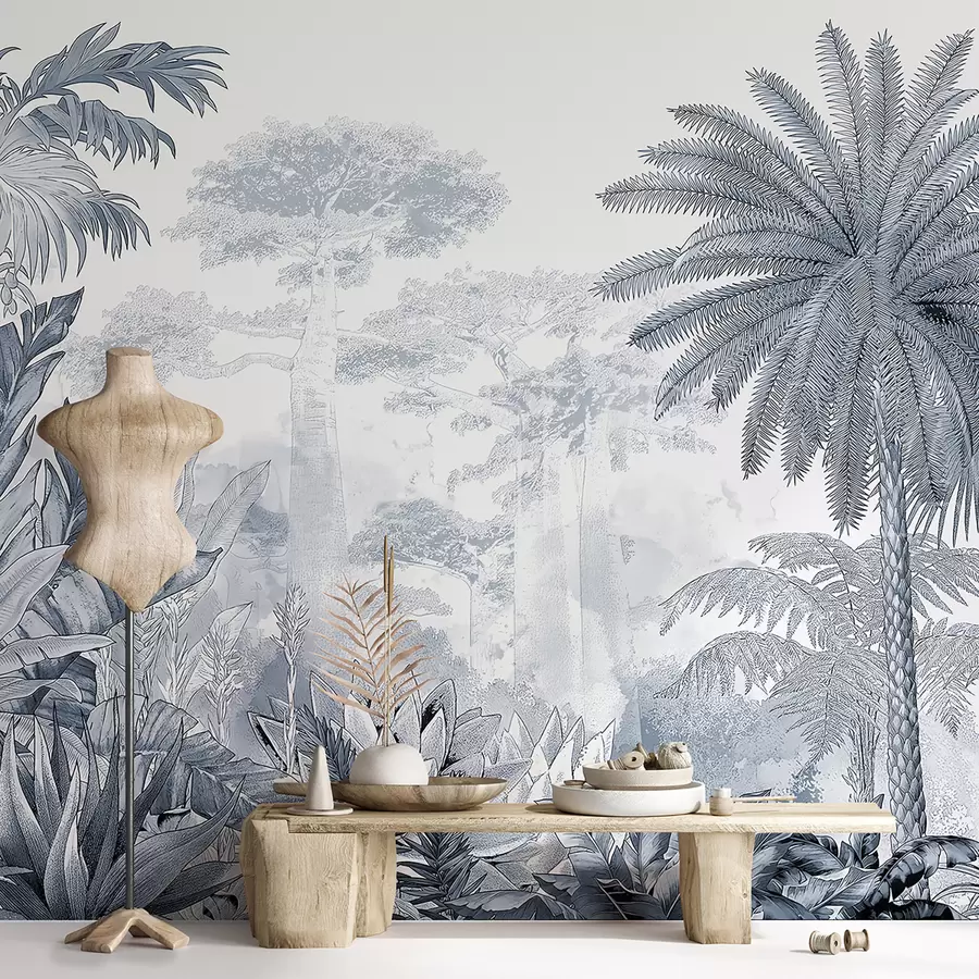 murales de pared Trópicos. Dibujo a tinta en colores azules u59041v2