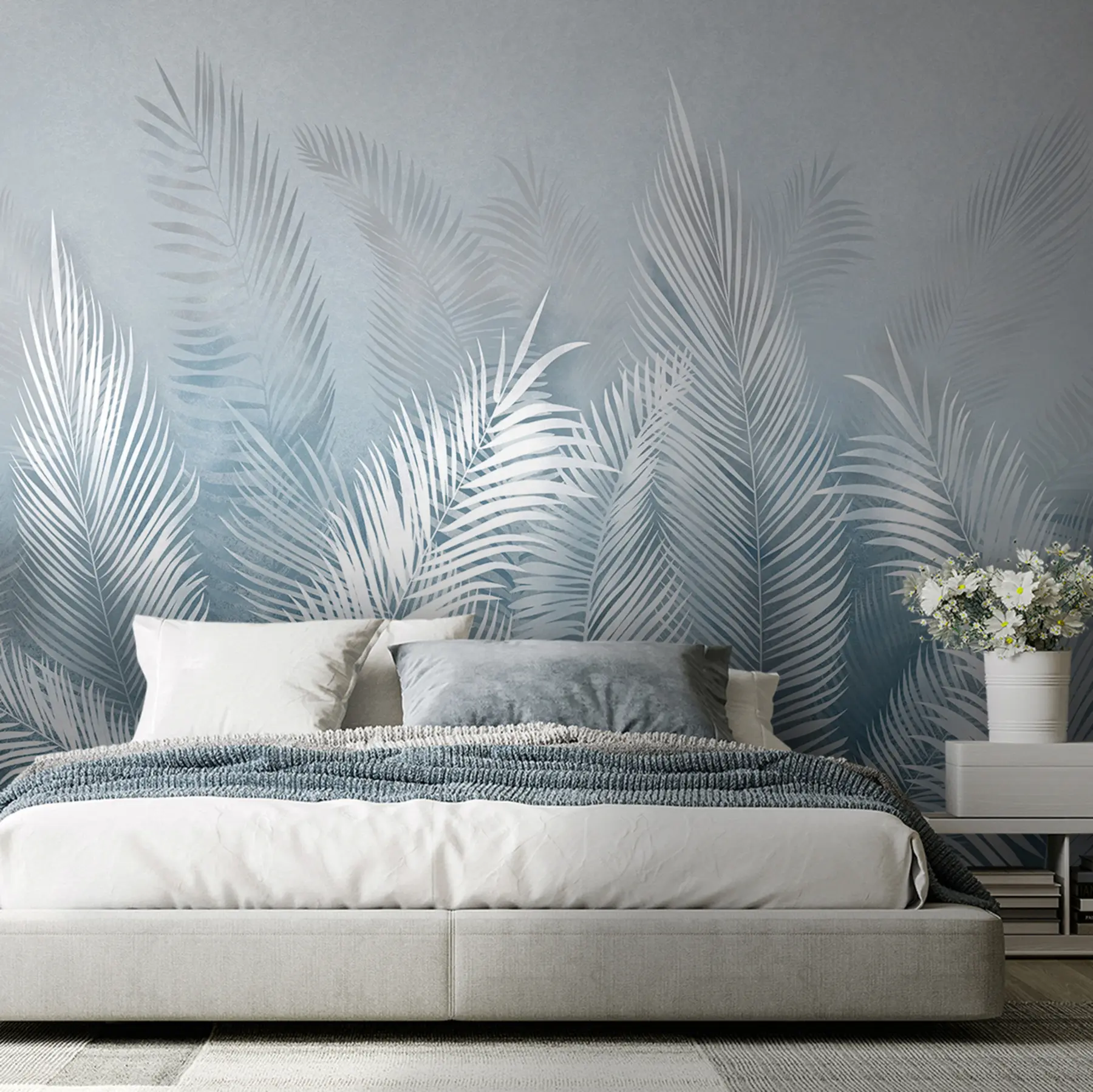 murales de pared Palmeras blancas sobre fondo rosa granzh. en colores azules u74601v1