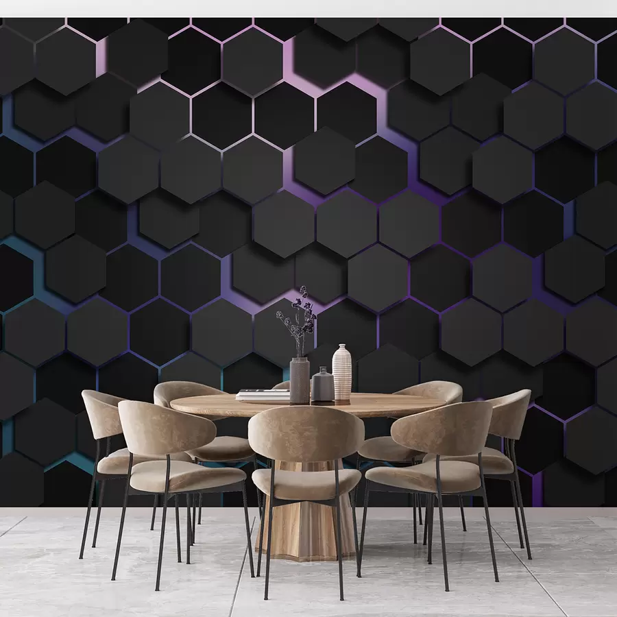 murales de pared Hexágonos negros con efecto 3D en colores negro y morado u79935v2