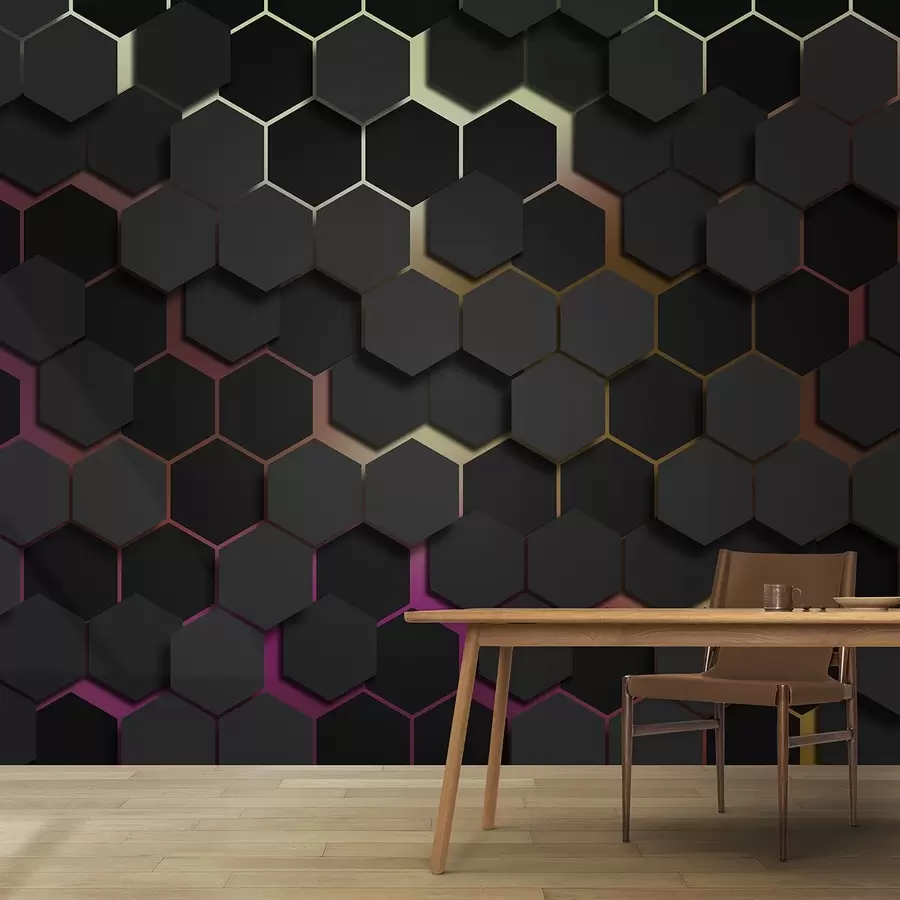 murales de pared Hexágonos negros con efecto 3D en colores negro y rosa u79935v3
