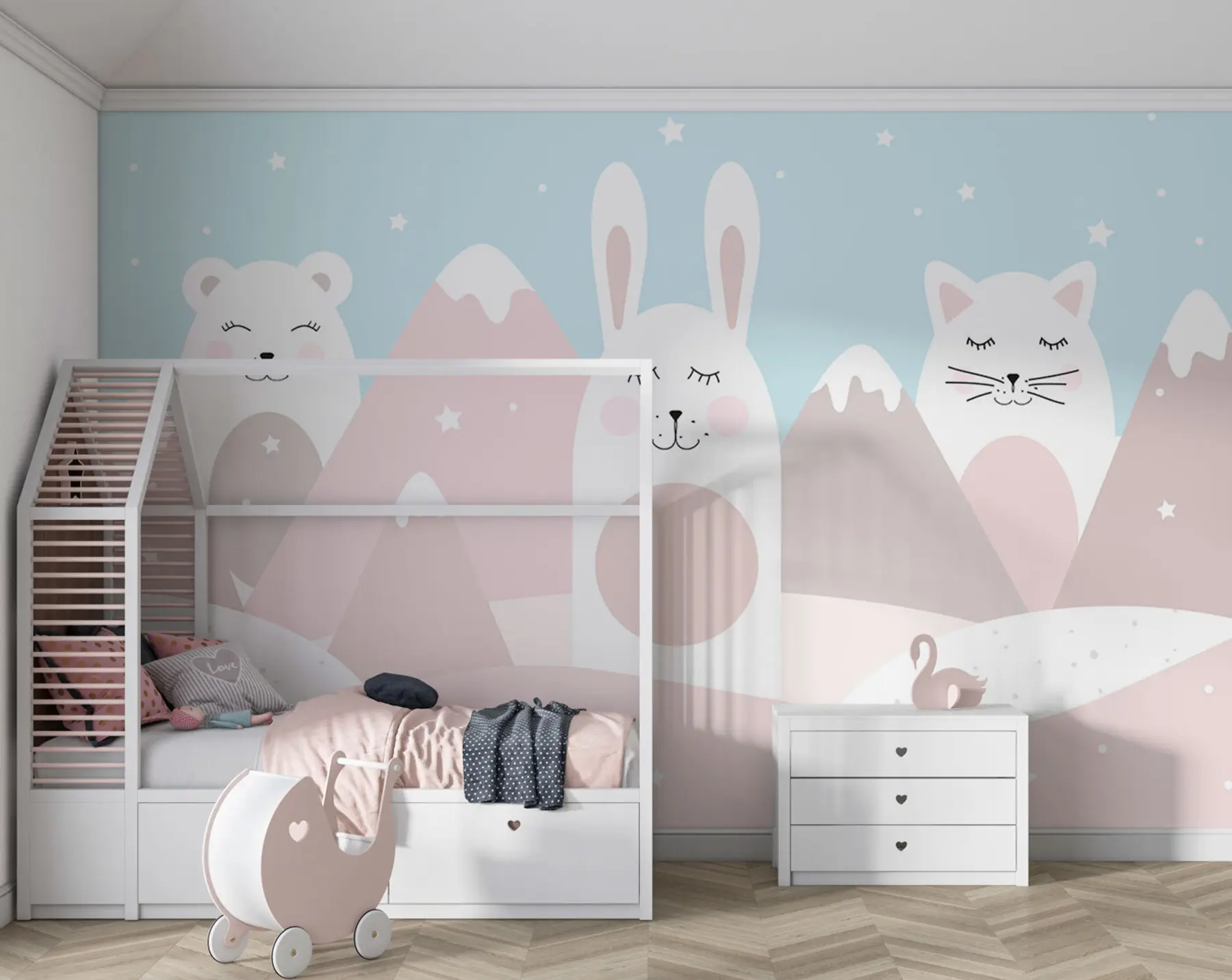 murales de pared Conejo, oso, zorro sobre un fondo de montañas nevadas de color beige u98135