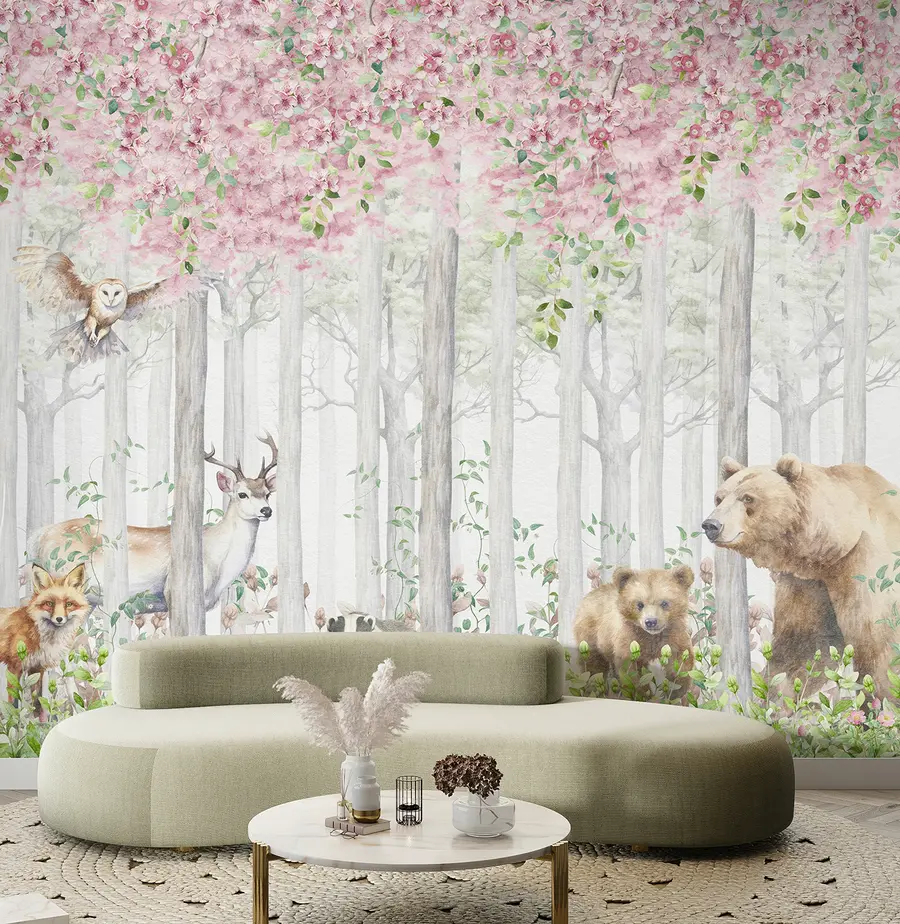 murales de pared Bosque en flor con animales u97614