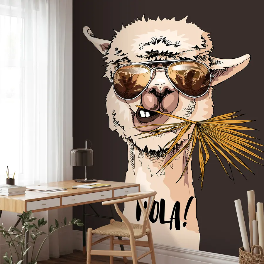 murales de pared Retrato de un lama con gafas de sol y una hoja de palmera en abanico u98177v2
