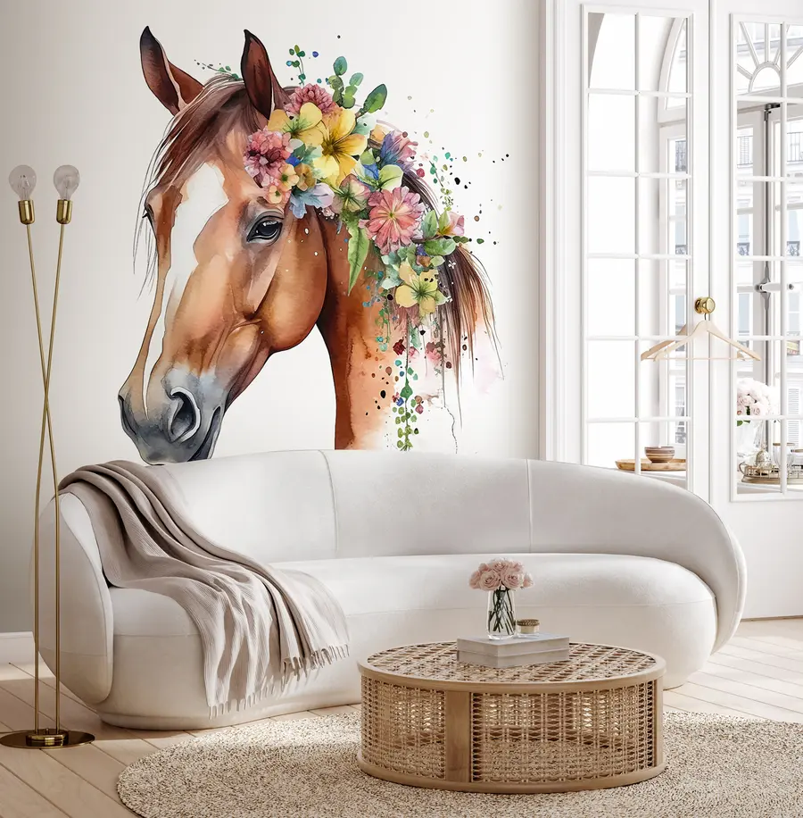 murales de pared Caballo con flores en acuarela u98192