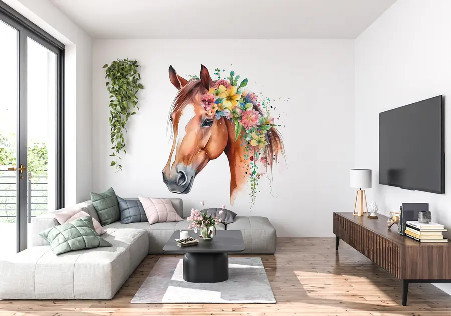 murales de pared Caballo con flores en acuarela u98192