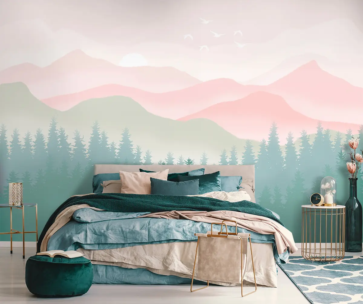 murales de pared Montañas neblinosas con bosque de pinos, colores naturales suaves, rosa y verde u98774