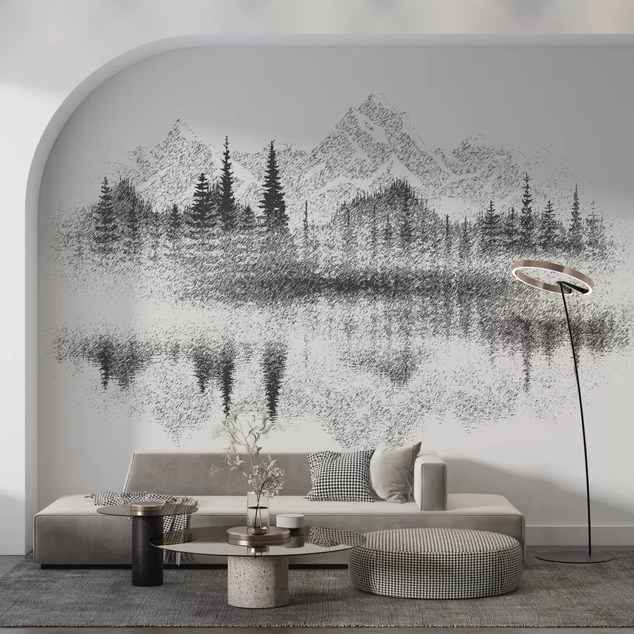 murales de pared El bosque y las montañas se reflejan en el lago u98808