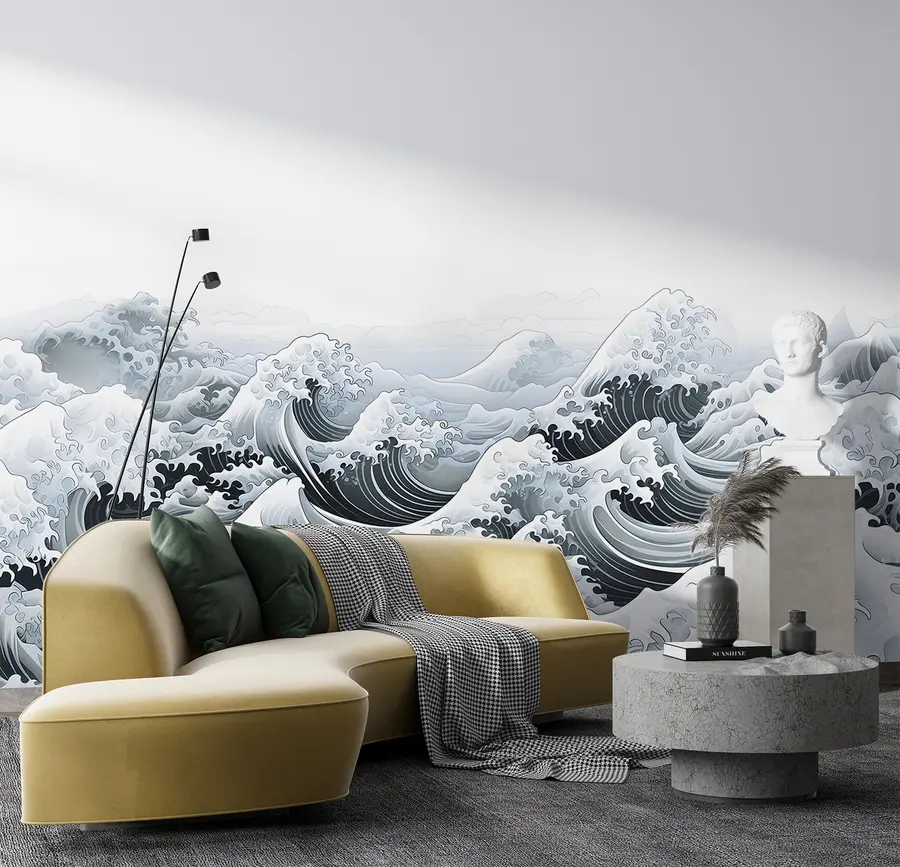 murales de pared Olas de mar de estilo japonés, tema oceánico, marino, colores suaves u98898