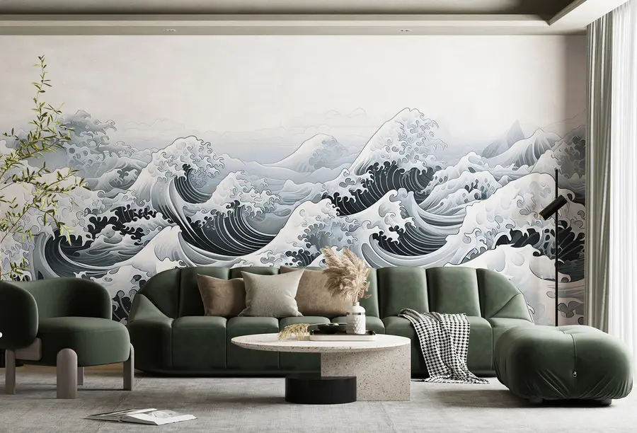 murales de pared Olas de mar de estilo japonés, tema oceánico, marino, colores suaves u98898